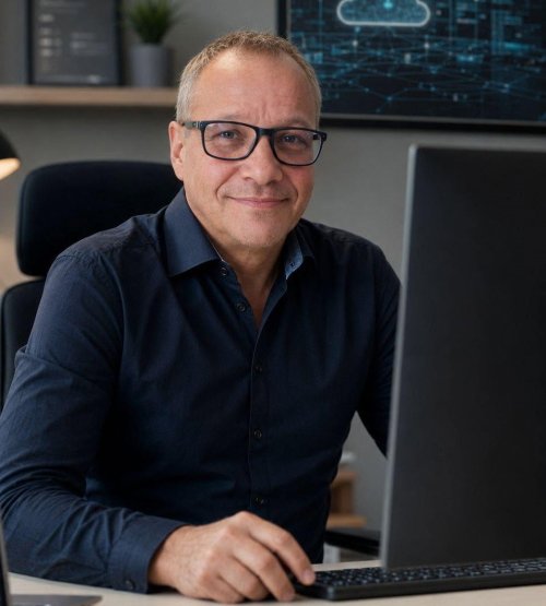 Stephan Wachter, Gründer von PRISMAX, an seinem Arbeitsplatz